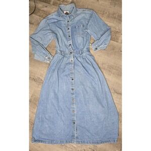 Vintage Susan Bristol Denim Midi Button Front Cinched Waist Long Sleeve Dress S